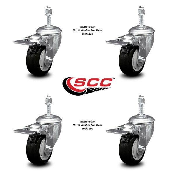Service Caster 3.5 Inch Black Polyurethane Swivel 10mm Stem Caster Set Total Lock Brake SCC SCC-TSTTL20S3514-PPUB-BLK-M1015-4 - main